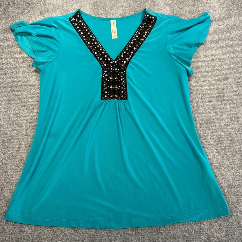 Petite Women's Blouse Per Seption Teal Black V Neck Career Casual Top Size PS